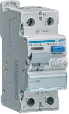 Hager CDA540D FI-Schutzschalter 2P 10kA 40A 30mA TypA - Fehlerstromschutzschalter für optimale Sicherheit in Elektroinstallationen. Mit Bi-Connect-Klemmen und einfacher Test-Taste, ideal für nachträgliche Installationen.