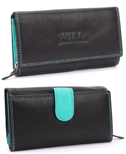 irisaa Damen Leder Wild Geldbörse, Portemonnaie Lang Geldbeutel,RFID Schutz 21 Kartenfächer, Brieftasche Groß, Vintage Design Used Look, Damen Tasche:Schwarz Seagrün