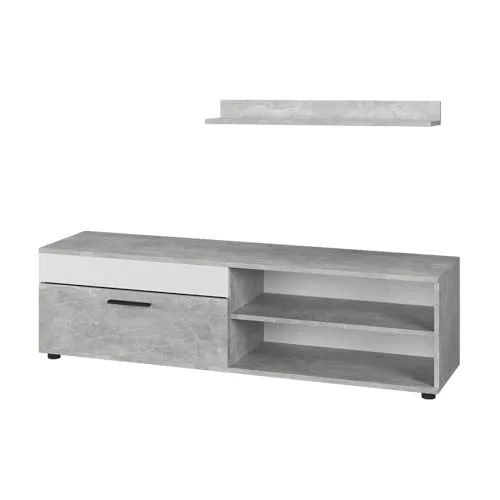 Vicco Wohnwand Berno, Beton/Weiß, mit 1 Klappe - TV-Halterungen: Stilvolles Wohnwand-Set mit viel Stauraum für Geräte und persönliche Gegenstände, ideal für moderne Wohnzimmer.