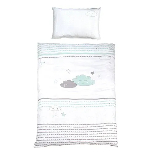 roba Kinderbettwäsche 100 x 135 cm - Happy Cloud - Bettwäsche Set für Mädchen & Jungen - 2-teilig inkl. Decken & Kissenbezug aus Baumwolle - Wolken Motiv - Mint / Weiß
