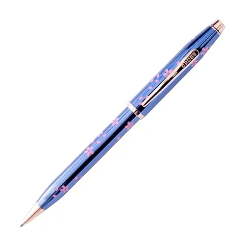 Cross Century II Kugelschreiber Cherry Blossom (Strichstäke M, Schreibfarbe: schwarz, Drehmechanik, inkl. Premium Geschenkbox) durchscheinender blauer Lack, Beschläge Edelstahl rosagold plattiert
