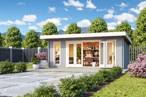 Gartenhaus Blockhaus Pultdach 44 mm Sussex 2 grau
