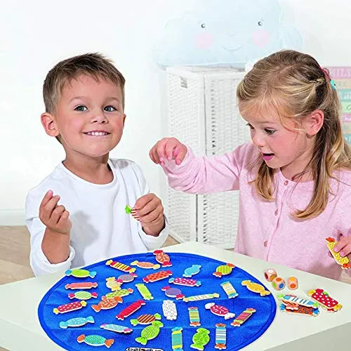Beleduc Candy - Lernspiel für Zuhause - Gesellschaftsspiel für 1-8 Spieler ab 4 Jahren, fördert Hand-Auge-Koordination und Konzentration mit bunten Holzbonbons und Farbwürfeln. Spieldauer ca. 15 Minuten.