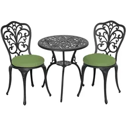 Avestar 3-teiliges Bistro Set mit 2 Kissen in Grün - Elegantes Bistro Set aus Aluminiumguss mit Schmetterlingsdesign. Der runde Tisch mit Schirmloch und ergonomische Stühle mit bequemen Kissen sind ideal für entspannte Stunden im Freien.