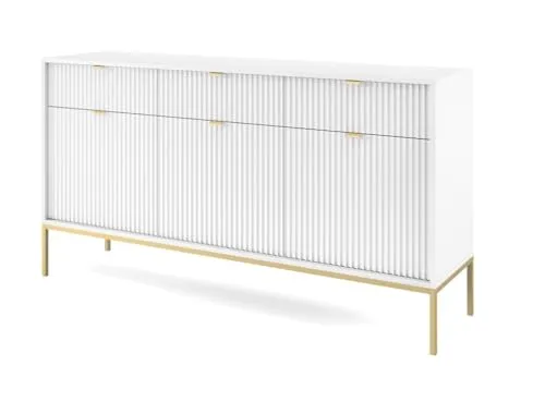 Emporius Sideboard mit Schubladen Galla - Dreitürige Sideboard 150 cm, Wohnzimmer - Gold Griffen, geriffelten Fronten - Weiß + Gold