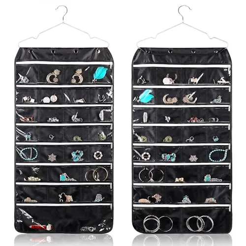 Flexzion Schmuck-Organizer zum Aufhängen mit Reißverschlusstaschen, schwarz, Schmuck-Organizer mit Aufhänger, 56 Taschen, doppelseitiger Ohrring-Organizer zum Aufhängen für Armbänder, Uhren, Ringe