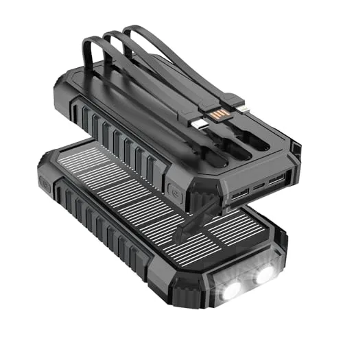 Solar Powerbank 20000mAh – 15 W Schnellladegerät, Tragbares Ladegerät, 3 integrierte Kabel mit LED-Taschenlampen–5 Ausgänge, Solar Handy Ladegerät für iPhone 17/16/15/14/13 und Android