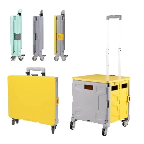 Einkaufstrolley Klappbar Einkaufswagen Metallräder, bis 50kg Klappbox mit Rollen, Trolley Klappbarer Einkaufstrolley, Einkaufsroller Teleskopgriff Deckel FüR Einkaufen, Lehrer, BüRo (Grau+Gelb)