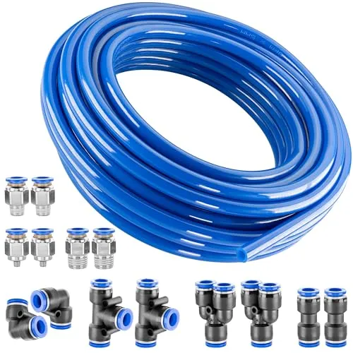 Poppstar PU Druckluft Pneumatikschlauch ID 5mm / AD 8mm, 10m, 8x Air-Push Steckverbindungen (Y, T, L, I-förmig), 8 bar, blau