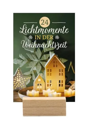 Lichtmomente in der Weihnachtszeit: Ein Mini-Adventskalender mit Holzaufsteller. 24 kleine Auszeiten in hochwertiger Verpackung für eine achtsame Adventszeit, ein schön gestaltetes DIN A7-Kartenset 24