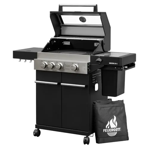Feuergott Gasgrill Hektor 3B-S Edelstahl Grillstation mit 3 Brennern - Grillsystem mit 3 Hochleistungs-Brennern und Infrarot Sear-Brenner für perfekte Grill-Ergebnisse; inklusive Seitenkocher und wetterfester Abdeckhaube für maximale Vielseitigkeit.