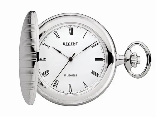 Regent Herren Taschenuhr Savonnette P-718 - Elegante mechanische Taschenuhr mit 47 mm Durchmesser, verchromtem Gehäuse und römischen Zahlen. Ideal für stilbewusste Herren, die klassische Zeitmesser schätzen.