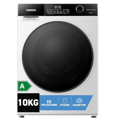 Heinrich´s Waschmaschine mit Steam-Funktion, 10kg Kapazität - Waschmaschine mit 15 Programmen, langlebigem Inverter Motor und innovativer Steam-Funktion zur Faltenreduktion und hygienischer Reinigung.