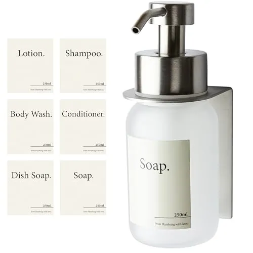 Designfabrik Hamburg Glas Seifenspender mit Wandhalterung - Seifenspender aus Glas und Edelstahl, selbstklebend für einfache Montage, nachhaltig und platzsparend – ideal für Bad und Küche.