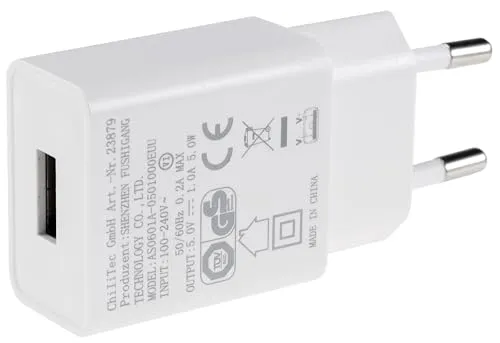 ChiliTec USB Ladegerät 5W 1A 5V Stecker-Netzteil mit USB-A 110-240V passend Tablet Smartphone Kopfhörer Akku Leuchten Reise Weiß