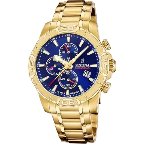 Festina Timeless Chrono F20705/3 Herrenuhr - Chronograph mit goldfarbenem Edelstahlarmband und blauem Ziffernblatt, wasserdicht bis 10 Bar – ideal für stilbewusste Herren.