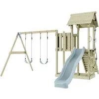 PolarPlay Spielturm Uppsala - Schaukeln für Kinder, mit Doppelschaukel und Kletterturm, sorgt für stundenlangen Spielspaß und ist aus robustem, unbehandeltem Holz gefertigt.
