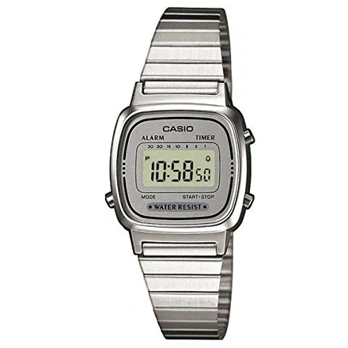 Casio LA670WEA-7EF Retro Digital Damenuhr - Armbanduhren mit Stoppfunktion, Alarm und Countdown, elegante Retro-Optik und verstellbares Edelstahlarmband für hohen Tragekomfort.