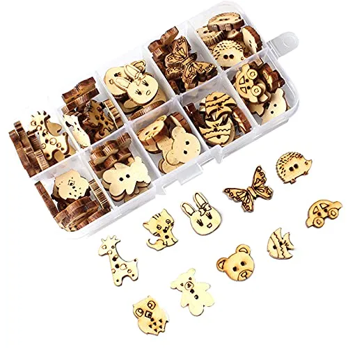 Stück 10 Stile Holzknöpfe in Tierform mit Kunststoffbox zum Nähen DIY Scrapbooking Basteln Dekoration 7 Größen 15-23 mm 100