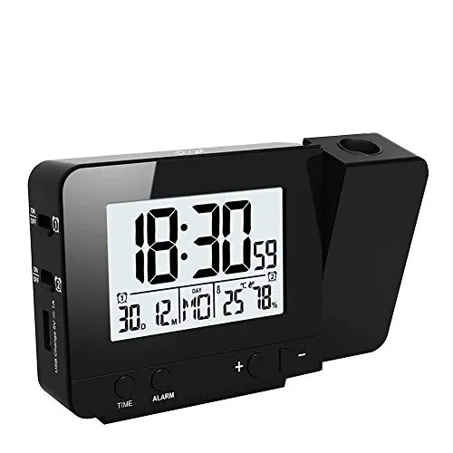 Queta Projektionswecker Digital Uhr mit Zeit Temperatur Projektion, mit Dual-Alarm, Luftfeuchtigkeit, Snooze, Timer, Kalender, USB-Anschluss (Schwarz)