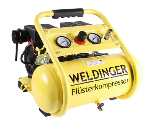 WELDINGER Flüsterkompressor FK 95 compact 750 W - Ölfreier Druckluftkompressor mit 90 l/min Luftabgabe, flüsterleise (48-65 dB) und ideal für Werkstatt & Atelier – kompakt, mobil und leistungsstark!