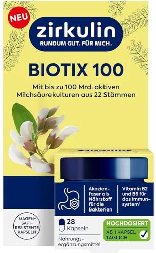 Zirkulin Biotix 100 – 28 Kapseln für gesunde Darmflora - Probiotika Lactobacillus mit 25 Mrd. aktiven Milchsäurekulturen pro Kapsel, vegan und magenresistent. Unterstützt Darmgesundheit und Immunsystem.