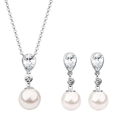 Damen Schmuckset mit Perle: Elegante Halskette und Ohrhänger aus 925 Sterling Silber - Schmucksets für Damen, edles Set mit Glasperlen und funkelnden Zirkonia, ideal als Geschenk für besondere Anlässe.