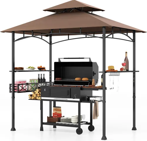 Goplus Doppelstöckiges BBQ-Pavillon 242 x 153 cm - Großer Grillpavillon mit 2 Seitenregalen, 20 Haken und Flaschenöffner für perfekte Grillpartys. Langlebiges, UV-beständiges Material sorgt für Schutz und Komfort im Freien.