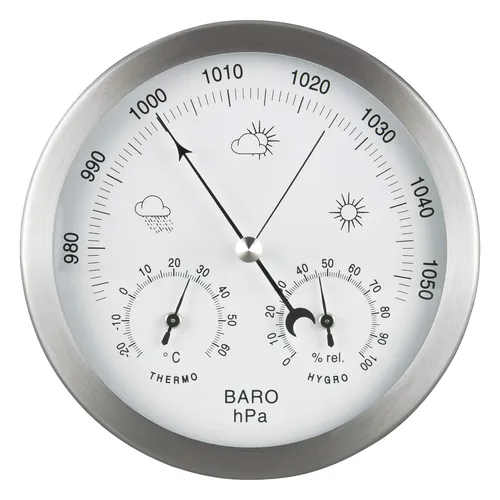 GardenMate® Wetterstation analog 3in1 - Edelstahlrahmen Ø 14 cm - Wetterstationen mit Barometer, Thermometer und Hygrometer in einem, ganz ohne Batterien! Klassischer Edelstahlrahmen für Langlebigkeit und stilvolles Design.