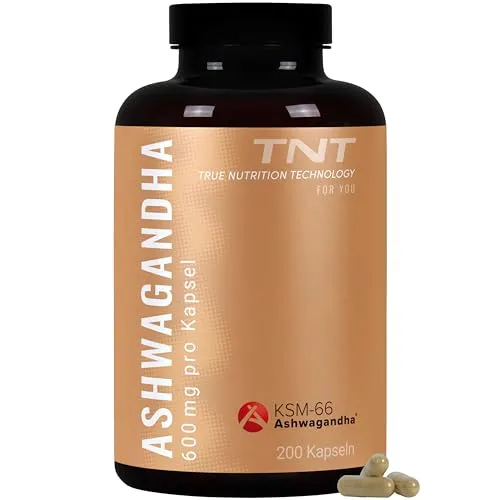 TNT Ashwagandha KSM-66® - 600mg Kapseln - Ashwagandha Nahrungsergänzungsmittel, 100% vegan und glutenfrei, unterstützt Stressabbau und fördert das Wohlbefinden mit hochwertigem KSM-66® Extrakt.