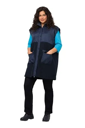 Ulla Popken Damen Steppweste, Nachtblau, Größe 46-48 - Funktionsjacke aus kuscheligem Teddyfleece und Nylon, leicht und warm, mit Stehkragen und praktischen Reißverschlusstaschen für zusätzlichen Komfort.