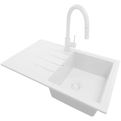 PRIMAGRAN Granitspüle Alles Weiß 78x50cm, Spülbecken 1 Becken + Küchenarmatur 40x20cm + Ablauf-Set, Küchenspüle ab 45er Unterschrank - Mailand S016
