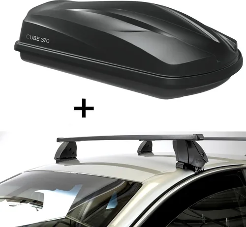 Dachbox CUBE370 370 Liter schwarz mit Dachträger K1 MEDIUM für Hyundai i20 I (5Türer) - Gepäckträger Set mit 370 Liter Dachbox und stabilen Dachträgern, ideal für lange Reisen. Maximieren Sie den Platz im Innenraum und genießen Sie maximalen Komfort auf der Straße.