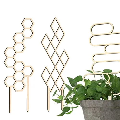 Decorify Rankhilfe Zimmerpflanzen 3 Stück - Rankgitter Holz - Pflanzenstütze 6mm - Rankhilfen für Kletterpflanzen - Pflanzengitter für Topfpflanzen - 41/40,5/39cm - Diamond/Levels/Hexagon - Natur