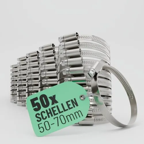 greate 50x Schlauchschellen Edelstahl 50-70 mm - Einstellbare Schlauchschelle mit 9 mm Bandbreite - Rohrschelle rostfrei - Schellen für Pool, Teich, Waschmaschine uvm - Schraubschellen Edelstahl 304
