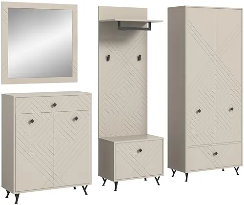 Garderobenkombination Notes - Beige, Modernes Design mit flexiblem Stauraum - Garderobe in Beige mit modernem Design und variablem Stauraum. Ideal für jeden Eingangsbereich. Maße: B: 250 cm, H: 190 cm, T: 35 cm. Pflegeleichte Oberfläche für einfache Reinigung.