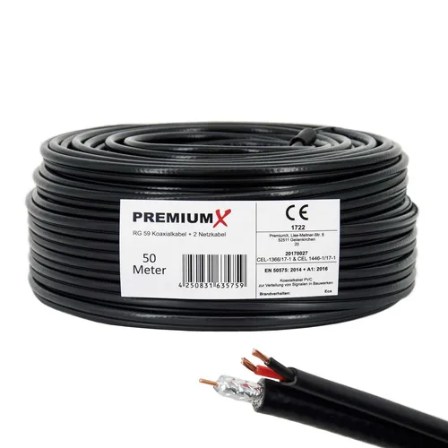 Premium X 50m RG59 Koaxialkabel mit 2 Netzkabeln - HiFi-Kabel: Hochwertiges 2in1 Kombi-Kabel für Videoüberwachung, überträgt verlustfrei Daten und Strom ohne Störungen. Ideal für einfache Installation ohne Steckdose.