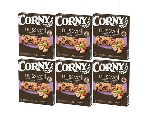 CORNY Nussvoll Nuss und Traube Müsliriegel 6er Pack - 6 einzeln verpackte Corny Nussvoll Riegel mit Erdnüssen, Mandeln und Trauben – ideal für den Snack zwischendurch, knusprig und nahrhaft.