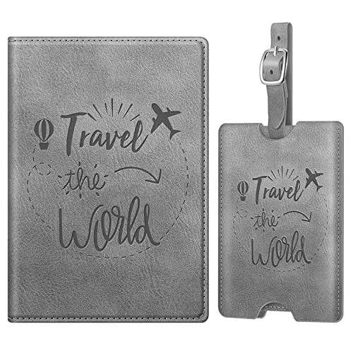FINTIE Reisepasshülle und Gepäckanhänger Set, Reisepass Impfpass Hülle mit RFID Blockier, Kofferanhänger mit Adressschild Namenschild für Reisetasche Koffer, Vintage Grau