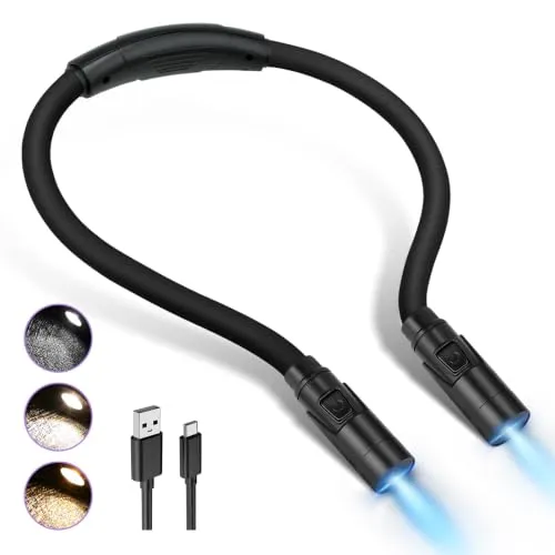 LUXJET Leselampe Hals, LED Leselampe Bett Aufladbare Buchlampe | 3 Farben, Stufenlos Dimmbar, USB-C, für Lesen, Häkeln, Reparieren, Tragbare Halslampe