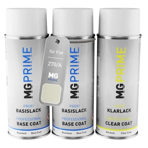 MG PRIME Autolack Sprühdosen Set für Fiat 270/A Bianco Gioioso Perl/Funk Weiss Pearl Grundlack Basislack Klarlack Spraydose 400ml
