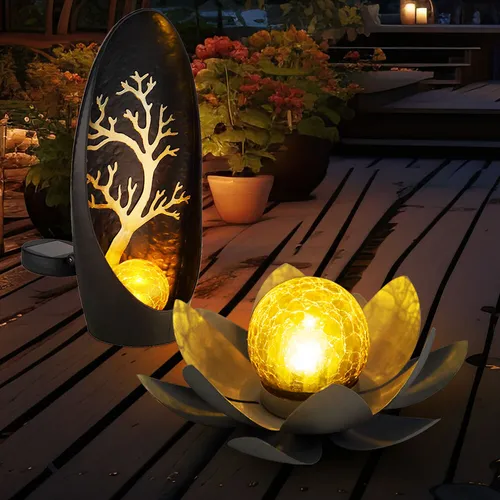 Solarleuchte Lotusblume 2er Set - Garten Dekoleuchten mit Crackle Glas - Lampen für den Außenbereich, inklusive 1x Lotusblume und 1x Stehlampe mit warmweißem Licht (3000K) und zauberhaftem Lichteffekt durch Bruchglas. Ideal für stimmungsvolle Abende im Garten.