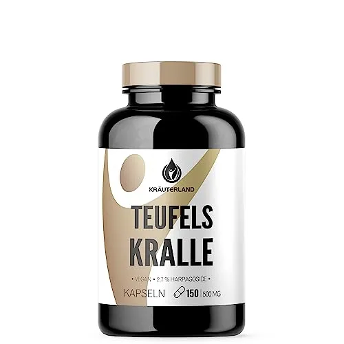 Kräuterland - Teufelskralle Extrakt Kapseln - 150 Teufelskrallekapseln hochdosiert, vegan - 2,7% Harpagoside - 1500mg Teufelskralle-Extrakt pro Tagesdosis in Premium Qualität