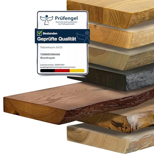 tømmermann - Wandregal mit Baumkante - massives Schweberegal Farbe Teak 140 cm Länge - Regalbrett aus Eschenholz 100% natürlich - Rustikales Wandboard mit unsichtbarer Wandmontage Massivholzbrett