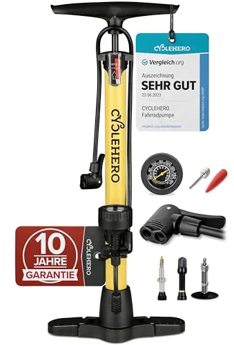 CYCLEHERO Fahrradpumpe für alle Ventile - Luftpumpen mit 10 Jahren Garantie, leistungsstark bis 160 PSI, komfortable Handhabung dank ergonomischem Griff und Standfuß für müheloses Pumpen.