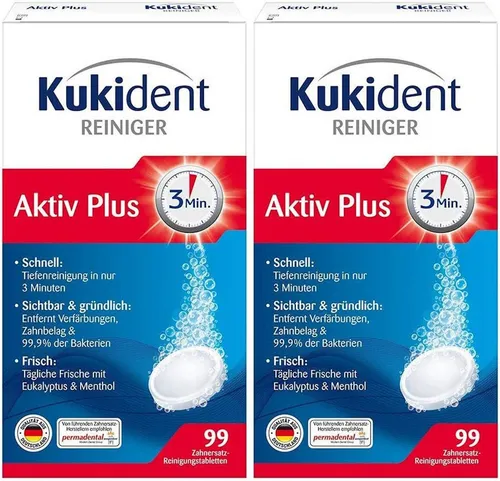 Kukident Aktiv Plus (2 x 99 St) Reinigungstabletten (Spar-Pack, [198-St. für Zahnprothese & Gebiss - Entfernt 99,9% der Bakterien)