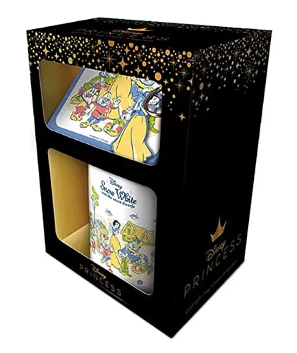 Disney Schnweewittchen und die sieben Zwerge, Geschenkset mit Tasse, Untersetzer, Schlüsselanhänger in Geschenkbox - Offizielles Lizenzprodukt, Blau, Rosa, Weiß