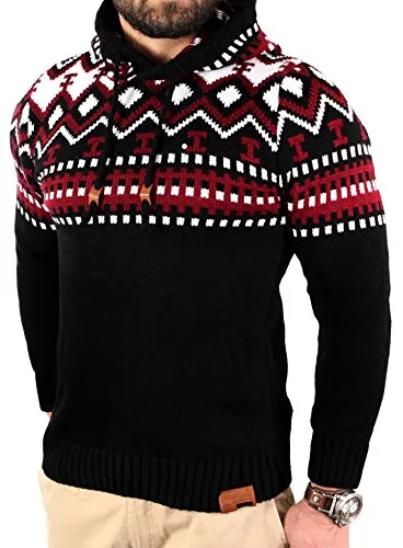 Reslad Norweger Pullover Herren | Winterkapuzenpullover RS-3013 (3XL, Schwarz-Rot) - Bequemer Regular Fit Kapuzenpullover für Herren aus hochwertigem Material. Ideal für die kalte Jahreszeit, kombinierbar und warm. Perfekt für einen lässigen Look!