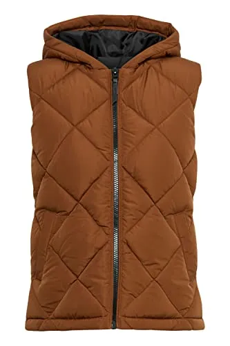 OXMO Stana Damen Steppweste - Tortoise Shell, Größe L - Damen-Weste aus leichtem, wärmendem Material mit Kapuze und stylischen Kunstlederdetails, perfekt für alle Outdoor-Aktivitäten und vielseitig kombinierbar.