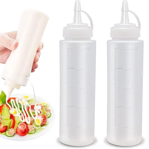 Kezidhp 2 Stück Saucenflasche, 250 ml Ketchup Flasche, Quetschflasche, Squeeze Flasche, ketchup spender, Spritzflasche für BBQ, Saucen, Sirup Gewürze, Dressings, Soße,Olivenöl